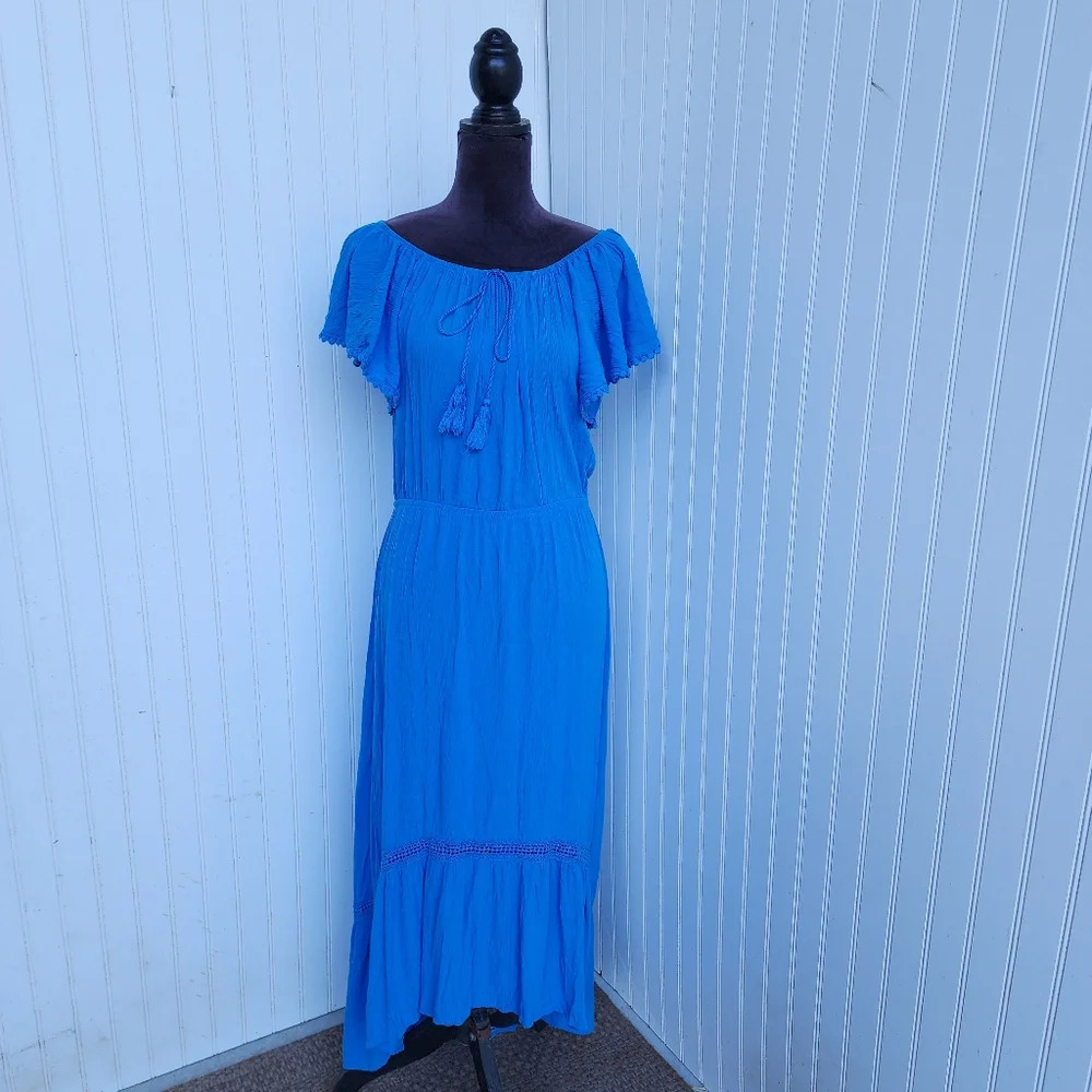 Time and Tru Blue A Line Hi Low Hemline Peasant Dress Elastic Waist Sz S 4-6